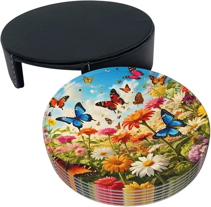 Drink Coasters with Holder Stand Set of 6, Bright Flower Butterfly Pu Leather - Image 8
