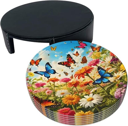 Drink Coasters with Holder Stand Set of 6, Bright Flower Butterfly Pu Leather - Image 8