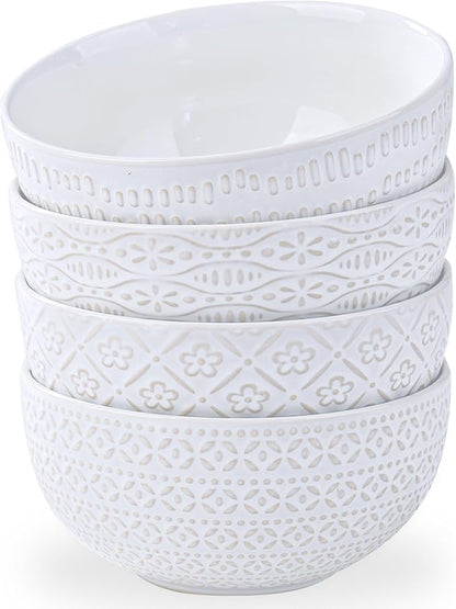 40 OZ Large Cereal Bowls Set of 4, Farmhouse Embossment Ceramic Salad Bowls for Soup, Serving, Fruit, Snack, Noodle, Ramen, Pho, Microwave & Dishwasher Safe, 6.7 Inch White