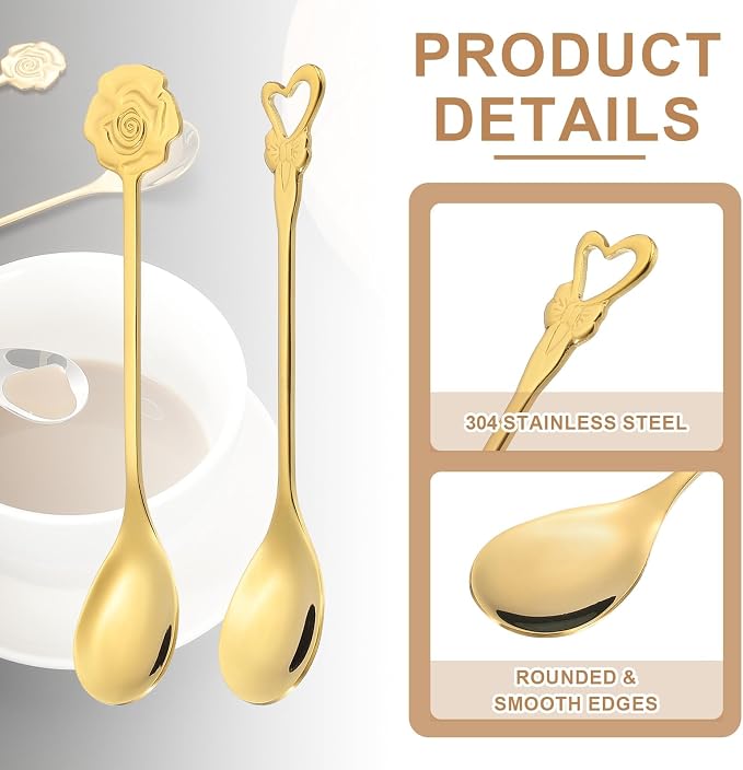 PATIKIL 4pcs Coffee Spoons, Heart/Rose Tea Spoons 304 Stainless Steel Teaspoons - Image 3