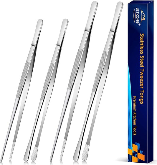 JETKONG 4 Pcs Kitchen Tweezers Tongs Stainless Steel Cooking Tweezers Set, Professional Kitchen Long Tweezer for Cooking, Repairing, and BBQ (10+12-Inch, Silver)