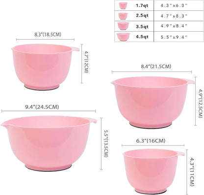 BoxedHome 4 Quart Large Plastic Mixing Bowls, Microwave Safe Mixing Bowl Set with Pour Spout, Nesting Bowls for Space Saving Storage(Fading Rose)