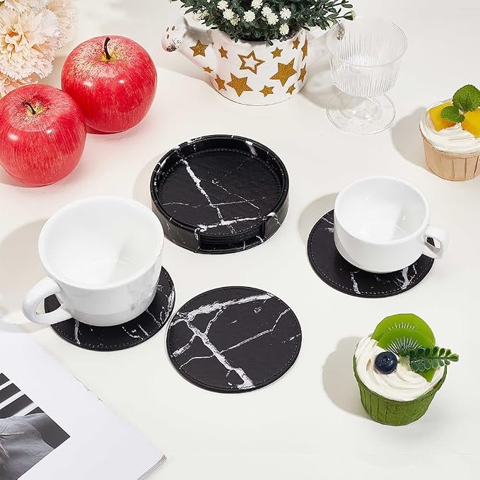 6PCS 4 Inch Black Marble PU Leather Round Cup Holders Coasters - Image 3