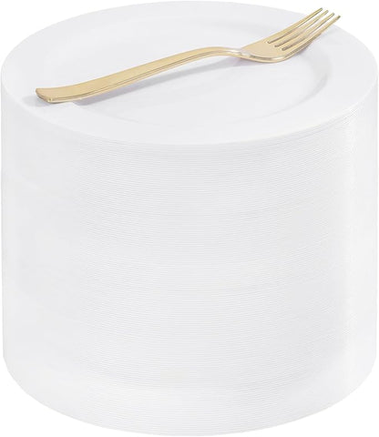 WELLIFE 100PCS White Plastic Dessert Plates and 100PCS Gold Disposable Forks, Premium Hard Dessert Plate 7.5”, Appetizer Plastic Plates for Party and Wedding