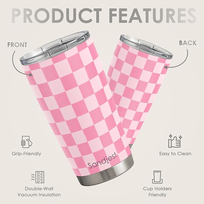 SANDJEST Checkered Tumbler 20oz Stainless Steel Insulated, Checker Travel - Image 2