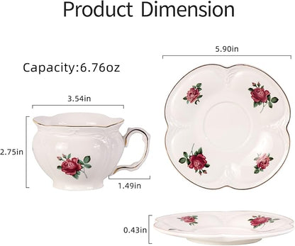 KAMMAK Tea Cups and Saucers Set of 2, 6.8 oz Porcelain Coffee Cups, 564N | - Image 5