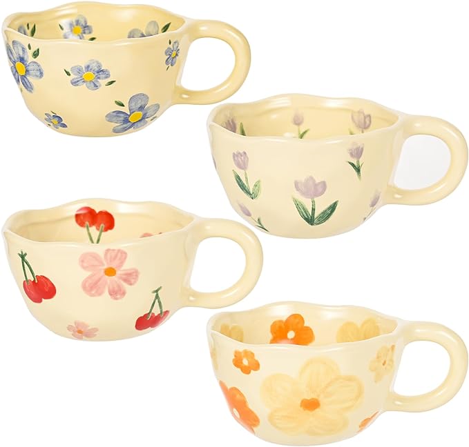 Ceramic Coffee Mug Vintage Flower Mugs 8 oz Cute Floral Coffee Mugs Irregular by MAKCNMYM