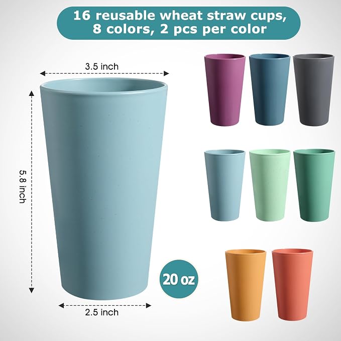 HEYCOME Set of 16 Wheat Straw Cups, Reusable Plastic Cups Sets, Water Glasses - Image 2