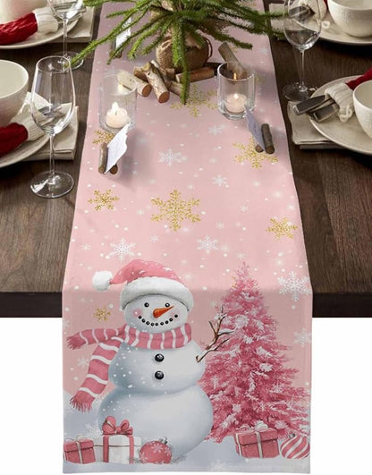 Pink Christmas Snowman Table Runners 90 Inches Long, Cotton Linen Fabric by Edwiinsa