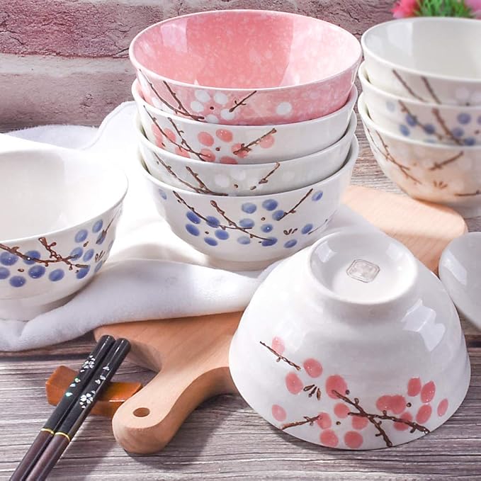 Japanese Rice Bowl Set of 4 Asian Style Hand-painted Floral Plum Ceramic Bowls - Image 5