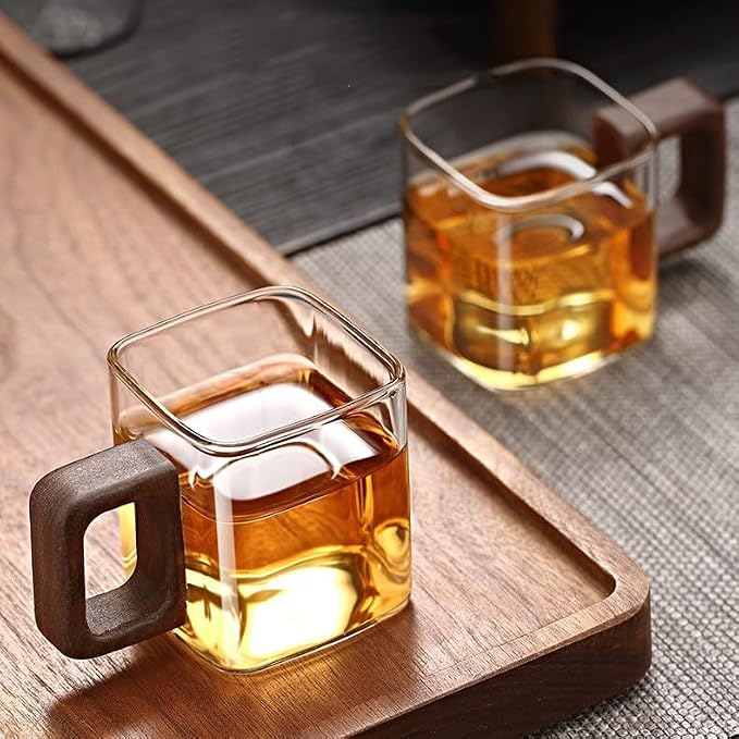 Square Glass Cups with Wooden Handle, Transparent Tea Glasses - Image 6