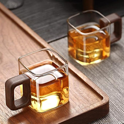 Square Glass Cups with Wooden Handle, Transparent Tea Glasses - Image 6