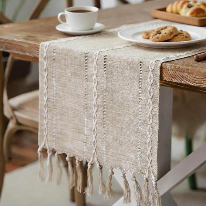 Boho Table Runner with Tassels, Handwoven with Weave Texture Fringe by EphyrosaHome