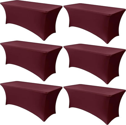 Obstal 6 Pack Stretch Spandex Table Covers for 6 Foot Tables - 6 FT Universal Rectangular Fitted Tablecloth Protector for Wedding, Banquet, Party, 72 Length x 30 Width x 30 Height Inches, Wine Red