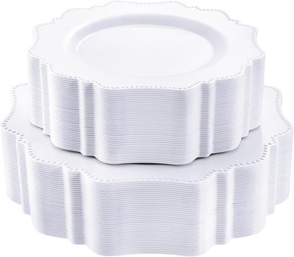 COLOSUS 100 pcs White Plastic Plates Set,Fancy Beaded Plates-European Retro plates include 50 dinner plates and 50 dessert plates,Plastic Disposable plates for BBQ and Party