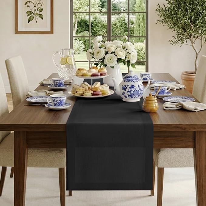 Classic Linen™ by D'Moksha Black Table Runner 120 Inches Long, 100% Pure Linen by DMokshaHomes
