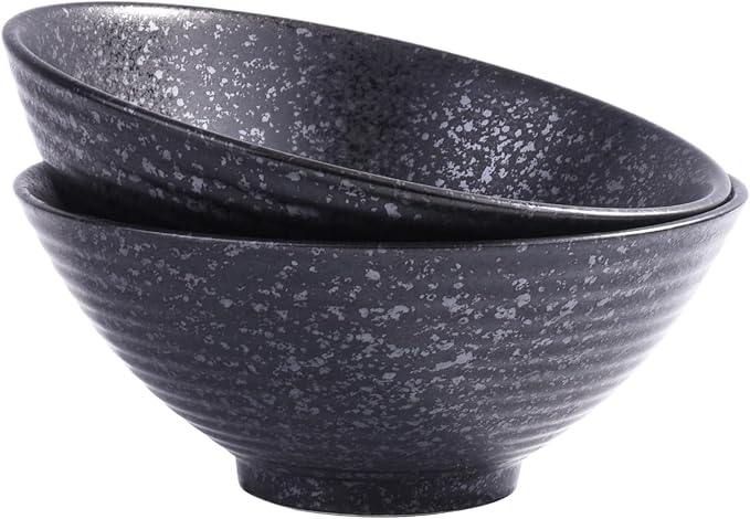 Japanese Ceramic Noodle Bowls Set of 2 – 8.2 Inch Black Ramen Pho Bowls by Whitenesser