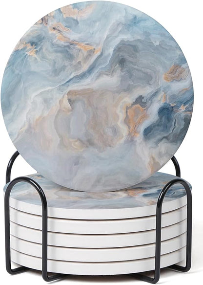 Set of 6 Abstract Blue Marble Coasters by Hoomey