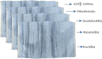 Perilla Home Natural Chindi Jute Placemats Set of 4 Vintage Boho 13x19 Inch Grey Rectangle Table Mats for Kitchen Dining Room Home Decor Banquets Family Gathering Rustic Cotton Stripe Washable Mat