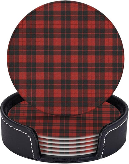 6 Pcs Christmas Plaid Red Black Buffalo Check Leather Coasters by CAPVKING