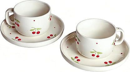 Ceramic Coffee Mug Set of 2, 8 oz Cherry Design Cups by ASBEFORE