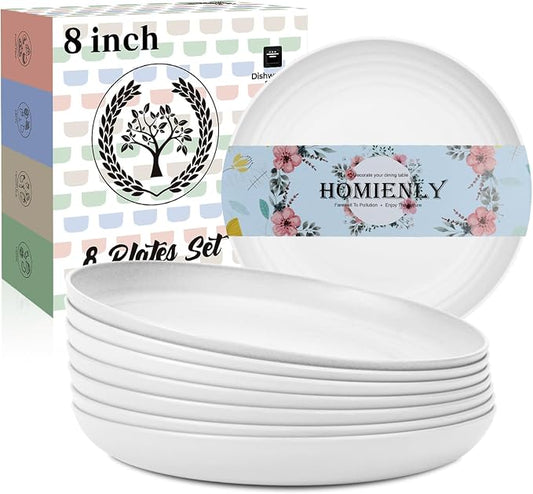 Wheat Straw Plates, 8 Inch Dessert Plates Set of 8, Unbreakable White Round by HOMIENLY
