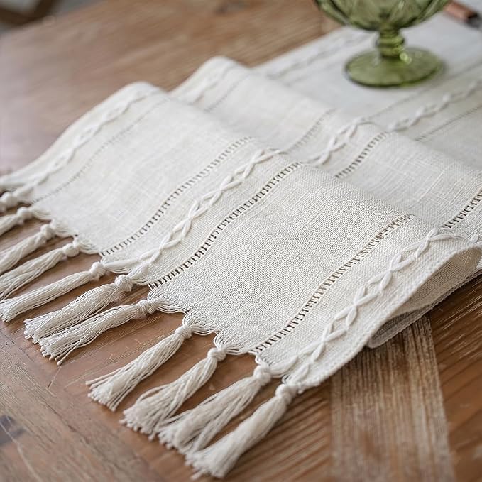 Boho Table Runner with Hand Tassels, Rustic Handwoven with Texture Fringe Table - Image 4