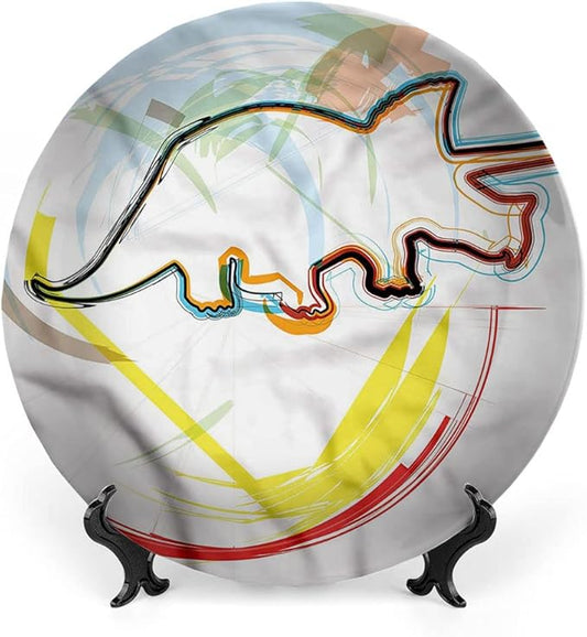 Ceramic Display Plate, Dinosaur Ceramic Hanging Decorative Plate, Triceratops Sketch Lines, 8 Inch, Household Custom Ceramic Plate, Multicolor