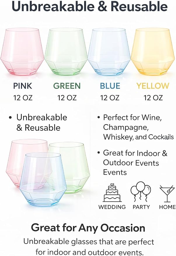 Oojami 40 Pack Diamond Disposable Plastic Wine Glasses 12oz - Image 3