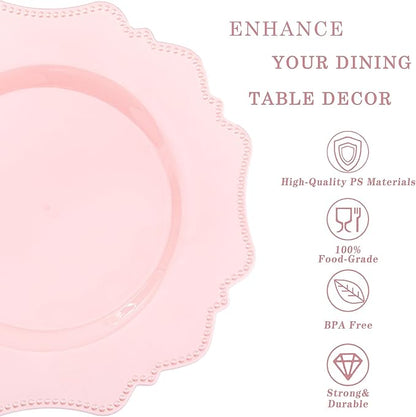 COLOSUS 60pcs Pink Plastic Party Dinner Plates - 9.5 Inch- Heavy Duty Disposable Plastic Dinner Plates for Party Wedding and Everyday Use,Valentine's Day