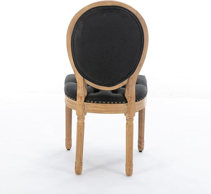 Ball & Cast French Vintage Upholstered Dining Chairs Set of 2, Button Tufted Kitchen Side-Chairs with Carved Antique Wood Frame & Nailhead Trims, PU-Leather Curved Backrest Louis Chair, PU Black
