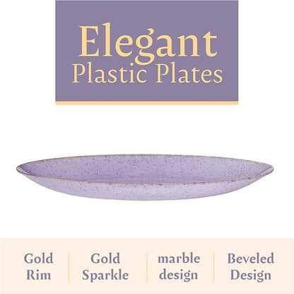 PLASTICPRO 30 Pack Disposable Plastic Plates Heavyweight Granite Look Elegant 10 inch Dinner Plates Purple with Gold Rim