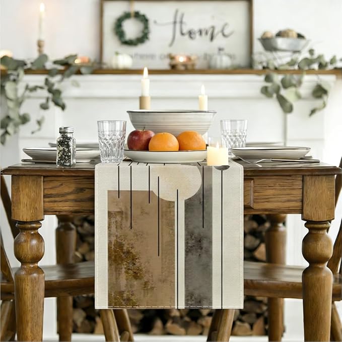 Neutral Abstract Table Runner, Modern Boho Brown Grey Line Shape Decorative | - Image 3