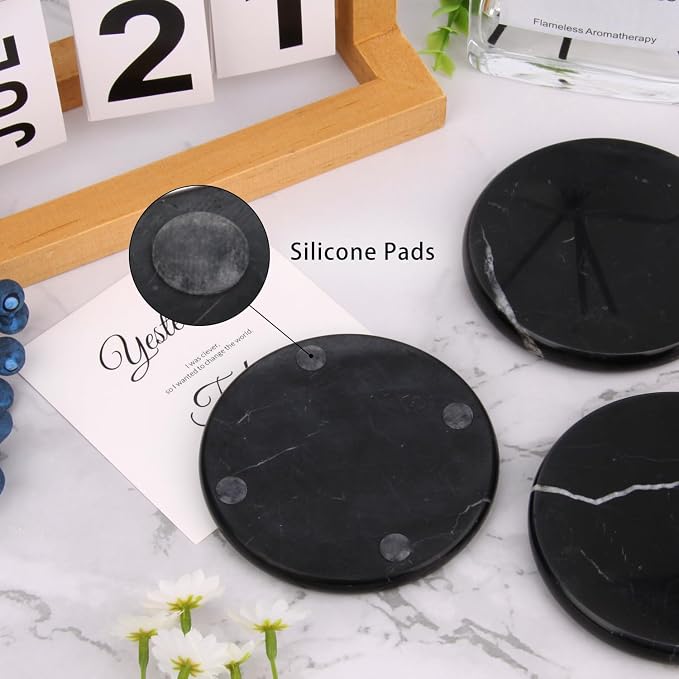 Natural Marble Coasters Set of 4, 4 inch Round, Silicone Anti-Slip Pads - Image 5