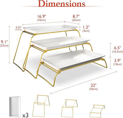 Extra Large 3-Tier Melamine Serving Tray Set and Cupcake Stand for Party Events, 17" Platters with Tiered Stand, Holds 63 Cupcakes, Food, Dessert, and Fruit, 24K Gold-Plated