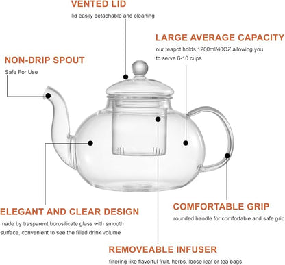 Glass Teapot Set, 40OZ/1200ml Stovetop Safe Glass Tea Kettle - Image 2
