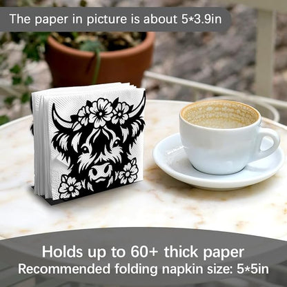 Highland Cow Decorative Black Metal Napkin Holder for Table, 5.3" x 4.8" x 2" Animal Flower Standing Napkin Holder for Home Kitchen Restaurant Picnic Party Coffee Bar Dining Room