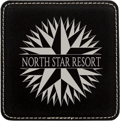 Custom Engraved Coasters | Personalized Leather Coaster | Set of 6 | Drink Coasters with Holder | Laser Engraved | Tabletop Protection | Gift for Couples (Square 4" x 4", Black w/Silver)
