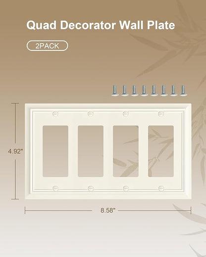 2-Pack Quad Decorator Wall Plate, Light Almond Decorative Switch Plates and Outlet Covers, Natural Bamboo Fiber 4 Gang Wall Plate for Electrical Outlets, Receptacle, GFCI Outlet, Dimmer Switch