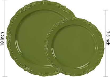 U-QE 100PCS Olive Green Plastic Plates - Plastic Green Plates Disposable Heavy Duty - Olive Disposable Plates for Party Including 50PCS 10'' Dinner & 50PCS 7.5'' Dessert Plate