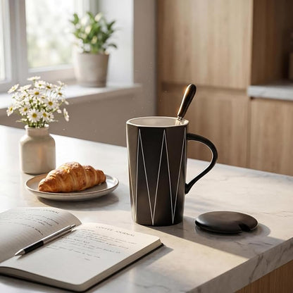 Ceramic Coffee Mug with Lid and Spoon, 13 oz Thick Heavy Coffee Cup - Image 3