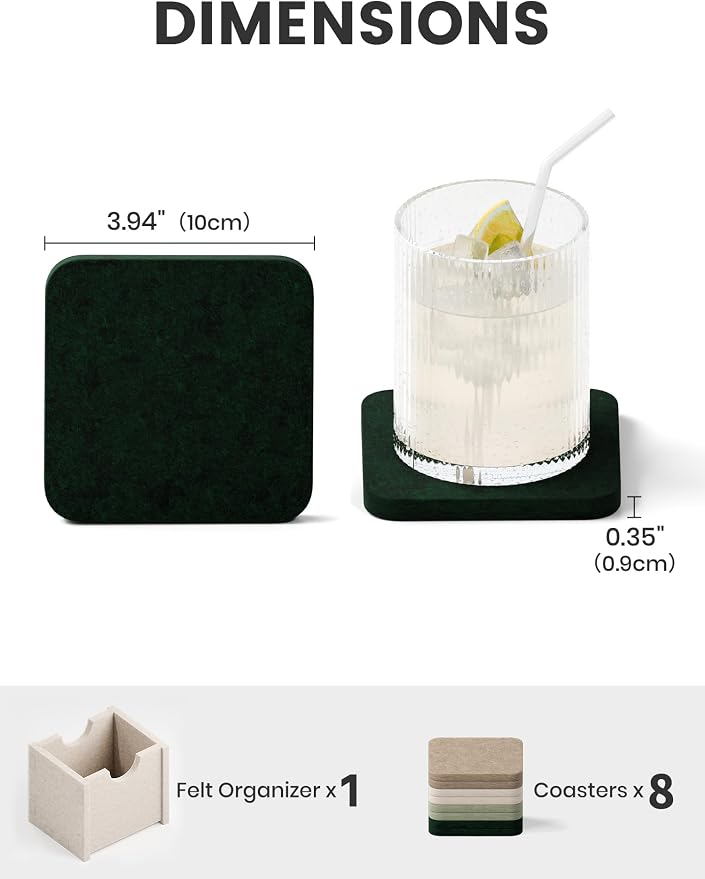 Fluxynara Felt Coasters with Holder, Nordic Moss | Square Felt Coasters - Image 2