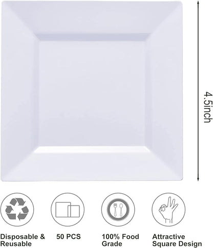 50PCS Square Plastic Plate-4.5 inch Disposable Dessert Plates- Premium Hard Square Small Appetizer Plates for Party/Birthday/Wedding & All Occasions (White)
