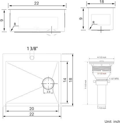 Kitchen Sink, 22 x 18 Inch Drop in Sink, 304 Stainless Steel Kitchen Sink, Centre-Offset Drain, 9" Deep Single Bowl, Topmount Installation, Brushed(Inclued Drain Strainer & Bottom Grid)