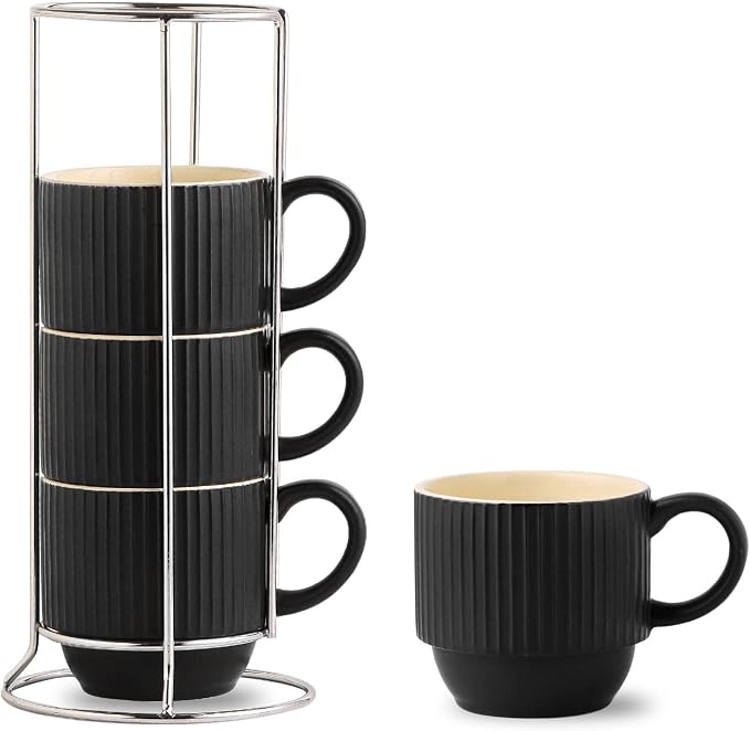 Hasense Black Coffee Mug Porcelain Set of 4 - 12 oz Stackable Coffee Cups by Hasense