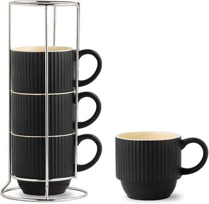 Hasense Black Coffee Mug Porcelain Set of 4 - 12 oz Stackable Coffee Cups by Hasense