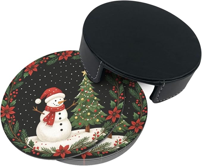 Black Christmas Snowman Floral Holly Coasters - Image 7