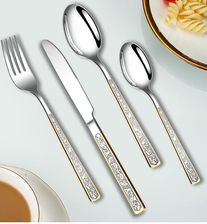 40-Piece Embossed Gold Silverware Set, 18/0 Stainless Steel Flatware Fancy - Image 3