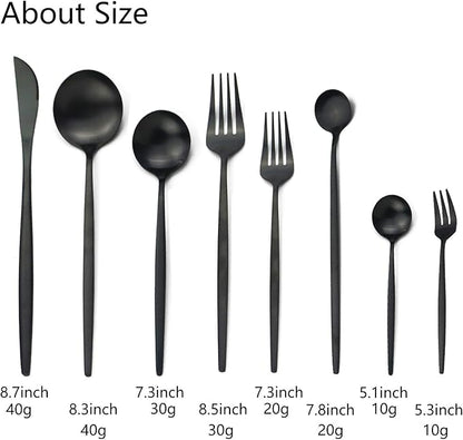 JASHII 32-Piece Tableware Set Stainless Steel Flatware Set with Coffee Spoon Long Handle Spoon Premium Cutlery Service for 4 Satin Finish Utensils for Home (Black)