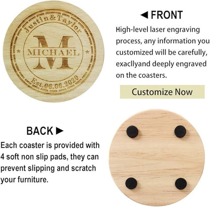 Personalized Wooden Coasters for Drinks - Custom Engraved, Monogram, Great Gifts for Relatives, Friends or Yourself (M, Set of 4)